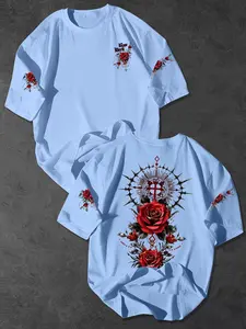 Men's Summer American Gothic Rose Loose Fit T-Shirt, Round Neck, Long Sleeve, Street Style Streetwear, Print Pattern, Comfortable & Stylish