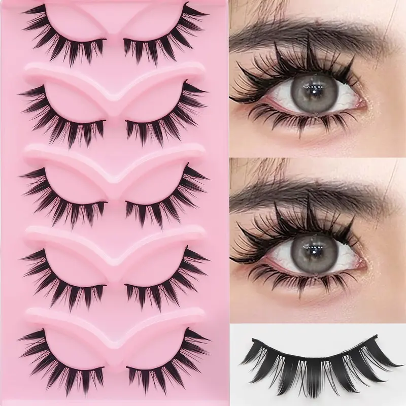 Doll Style False Eyelashes, 5 Pairs Wispy Cat Eye Strip Faux Lashes, Volumized False Eyelashes for Women and Girls Eye Makeup Enhancement, Natural Look Lashes, Volume Eyelashes