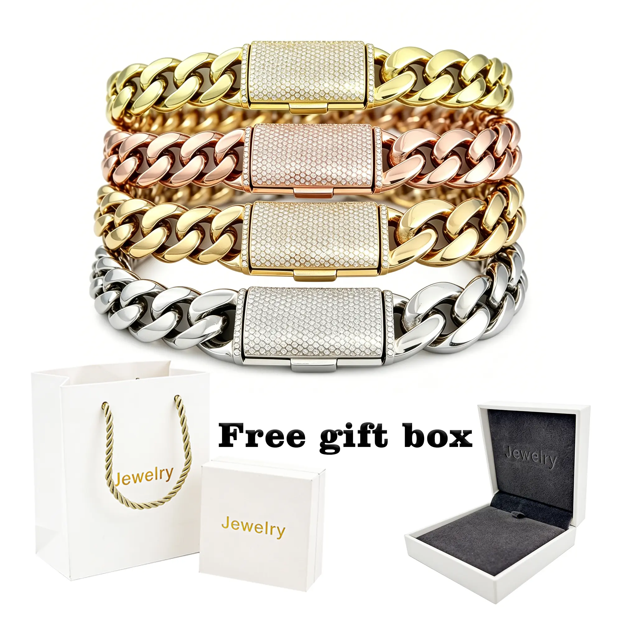 Men's Inlaid Zircon Flip Clasp Bracelet - 18K Gold,14K Gold,Rose Gold,Silver Miami Cuban Link Chain, High-Quality Stainless Steel, Hypoallergenic, Waterproof, Ideal for Holiday Gifts & Daily Wear