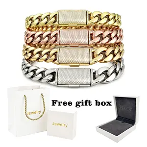 Men's Inlaid Zircon Flip Clasp Bracelet - 18K Gold,14K Gold,Rose Gold,Silver Miami Cuban Link Chain, High-Quality Stainless Steel, Hypoallergenic, Waterproof, Ideal for Holiday Gifts & Daily Wear