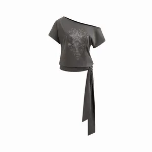 Cider Cotton-blend Asymmetrical Neck Star Graphic Knotted Oversized Tee