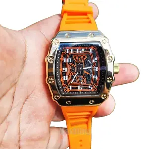 Watch Gold Plated Case Bling Stylish Orange Silicone Band Luxury Sports Unisex