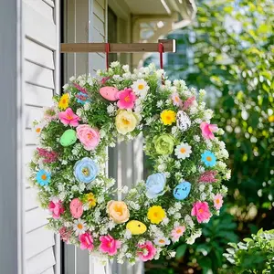 Colorful Easter Wreath Artificial Flower Festive Decor Ornaments, Egg Decoration, Diameter 13.78 Inches, Perfect for Spring Home Decor