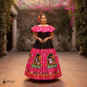 Black & Pink Mexican Dress Set – Day of the Dead Outfit La Catrina Jalisco Dress