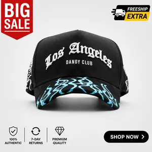 Los Angeles Dandy Club Streetwear Snapback Cap – Black Embroidered Baseball Hat with Blue Flame Brim, Adjustable Urban Fashion Cap for Men & Women - for Men & Women