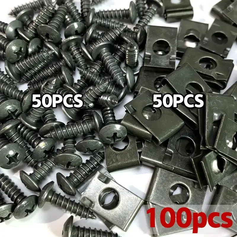 100pcs Iron U-Shaped Clips + Screws Wholesale, Bulk Purchases, Car and Motorcycle Metal Plate Protection Fasteners, Universal Automotive Decoration Clamps