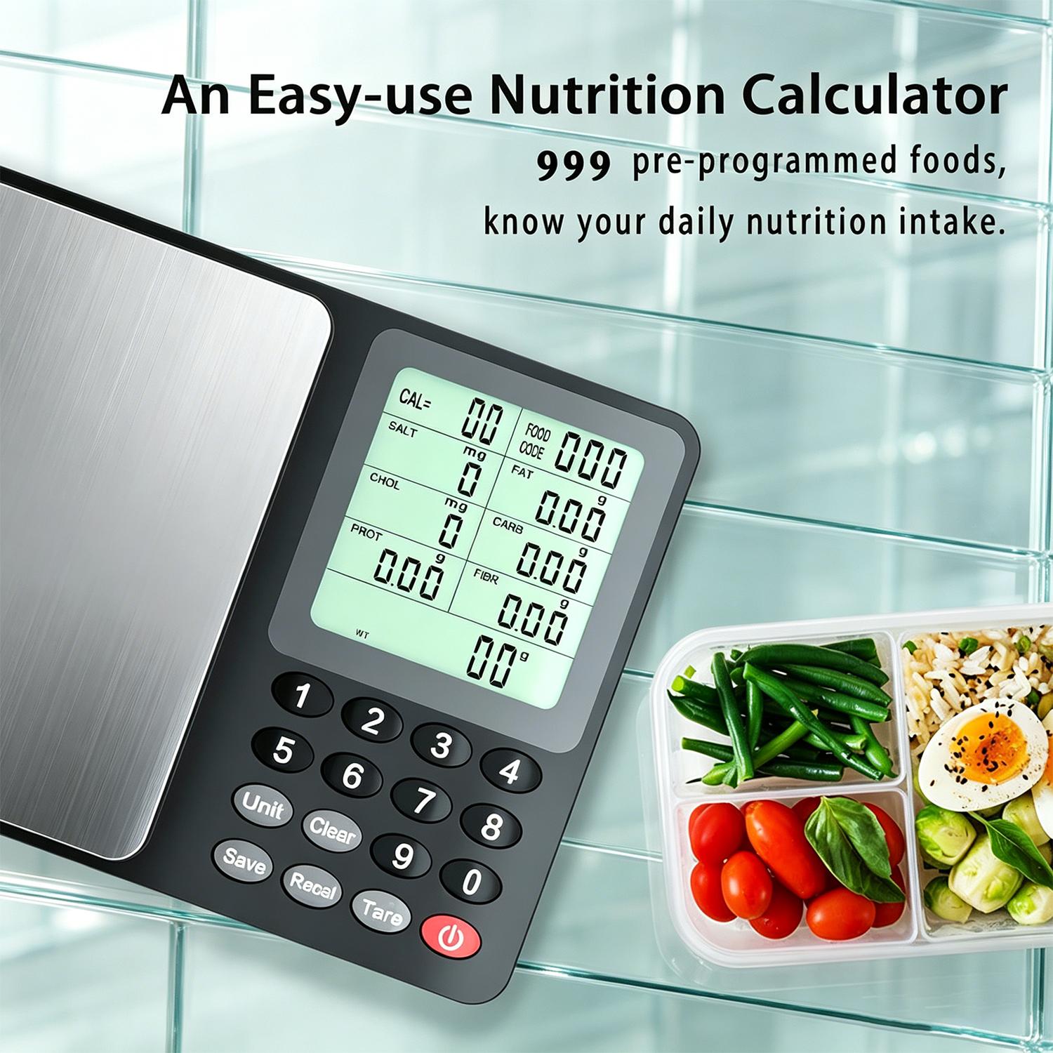 Portable Digital Nutrition Scale 3kg/0.1g, 999 Pre‑Programmed Foods, Calorie Calculator & Nutrient Composition Analysis, Stainless Steel Food Scale for Diet Management (Batteries Included)