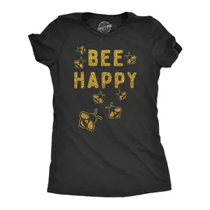 Womens Bee Happy Glitter T Shirt Cute Earth Day Bee Graphic Novelty Tee for Ladies Funny Womens T Shirts Cute Vintage Fashion Casual Ladies T-Shirt Gift Sarcastic Tops for Women Funny Motivational Top Women's Black