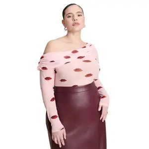 ELOQUII Women's Plus Size Lip Print Mesh Top
