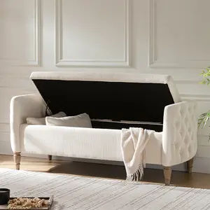 HULALA HOME Upholstered Storage Bench - Button-Tufted Farmhouse Piece with Hidden Compartment, Solid Wood Turned Legs, Bolster Pillows for Entryway, Bedroom End-of-Bed Seating