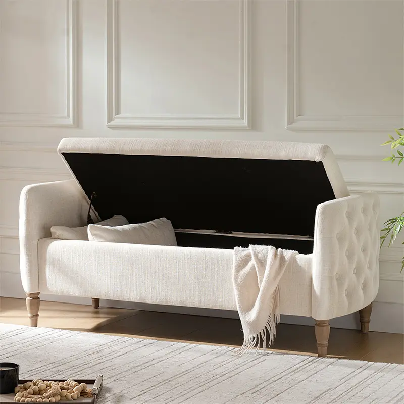 HULALA HOME Upholstered Storage Bench - Button-Tufted Farmhouse Piece with Hidden Compartment, Solid Wood Turned Legs, Bolster Pillows for Entryway, Bedroom End-of-Bed Seating