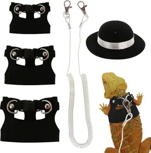 Bearded Dragon Leash and Harness Set, 3 Size Adjustable Soft Leather Lizard Leash Training Walking Prevent Escape, Spring Can be Stretched to 3m, for Iguana Squirrels Small Reptiles Outdoors