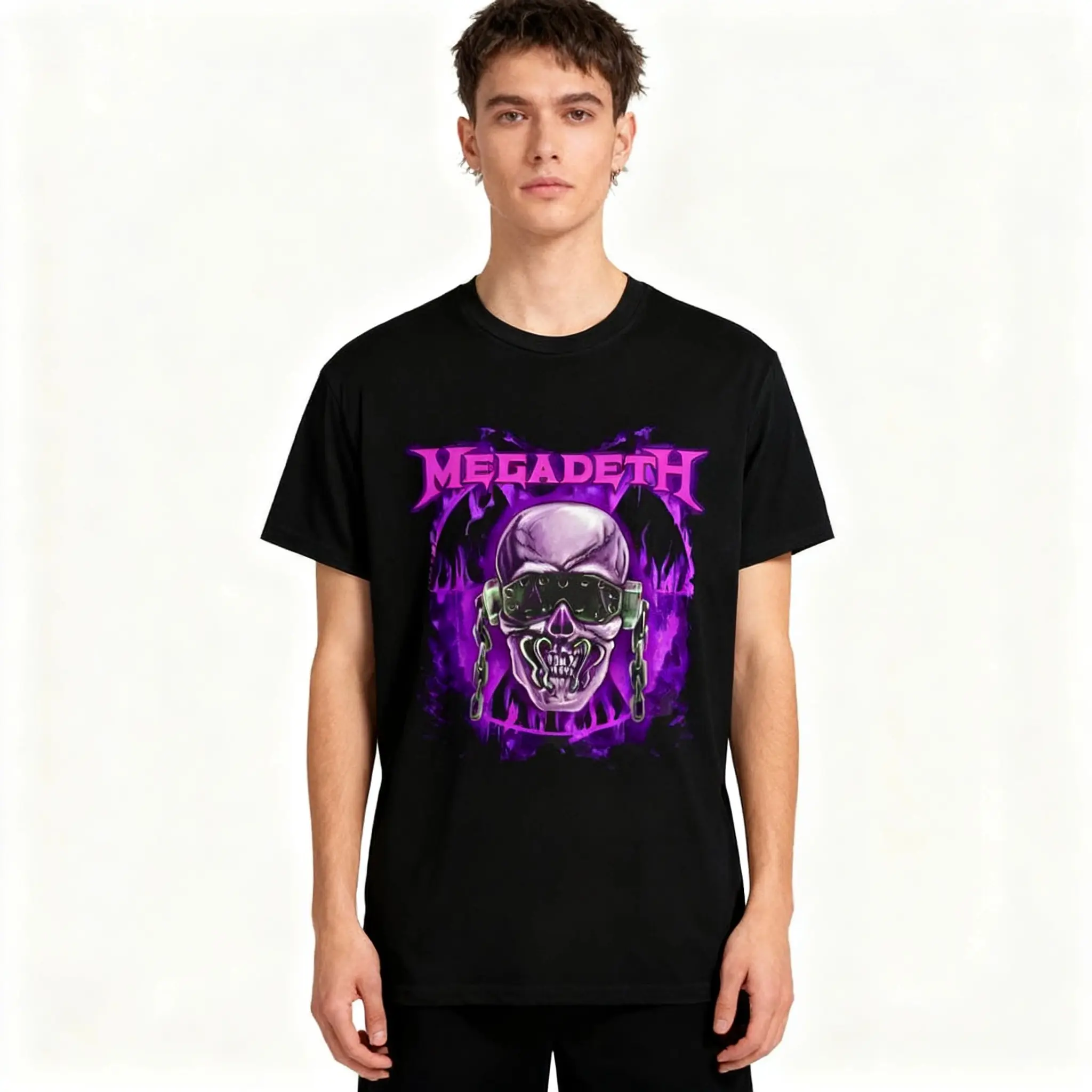 Men's Vintage Round Neck T-shirt with Purple Skull Graphic, Casual Heavy Metal Streetwear Top in Soft Cotton, Relaxed Fit for Concerts, Shortsleeve