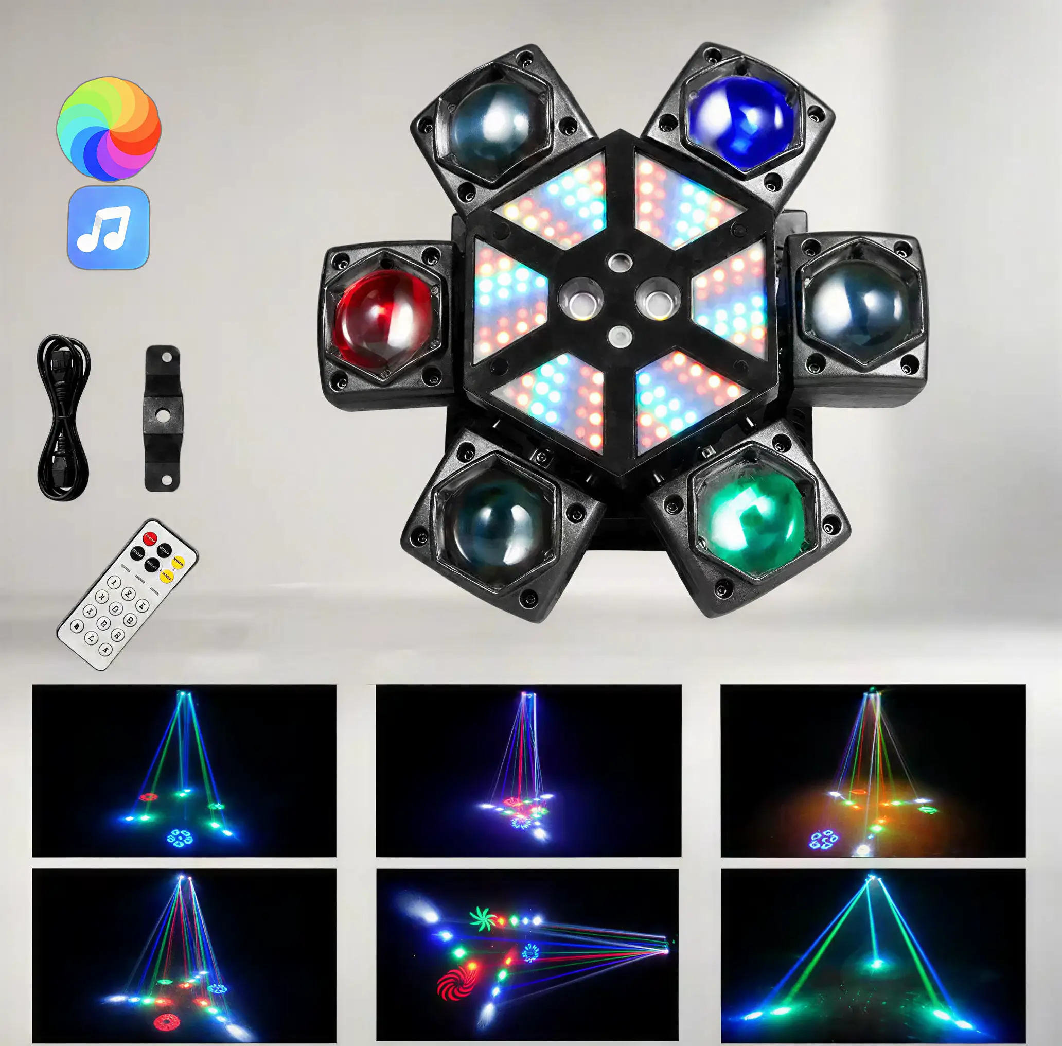 150W 6-Arm DJ Party Lights 150W RGBW Stage Light with Red Green Laser, Sound Activated Music Sync Disco Lights, DMX512 Strobe for Wedding Club Home Party