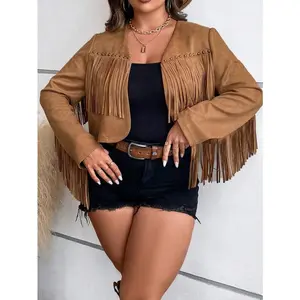 Plus Fringe Trim Open Front Suedette Jacket, For Winter