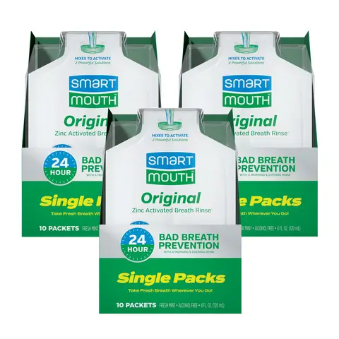 SmartMouth Original Zinc Activated Mouthwash Single Packs - Disposable Mouthwash Packets for Fresh Breath - Eliminates Bad Breath & Odors - Alcohol & Fluoride-Free - Fresh Mint - 10 Count, 3 Pack