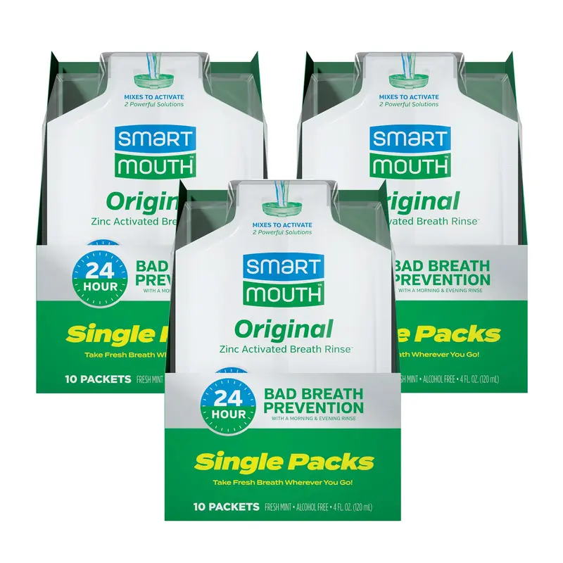 SmartMouth Original Zinc Activated Mouthwash Single Packs - Disposable Mouthwash Packets for Fresh Breath - Eliminates Bad Breath & Odors - Alcohol & Fluoride-Free - Fresh Mint - 10 Count, 3 Pack