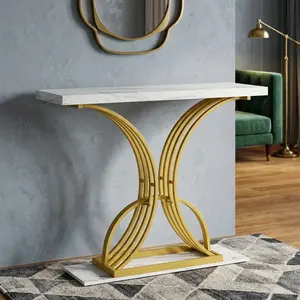 Modern Slim Accent Table with Faux Marble Top, White & Gold Narrow Console Table, Space-Saving Sofa Table for Entryway Hallway Living Room, Luxury Contemporary Entry Foyer Furniture, Easy Assembly