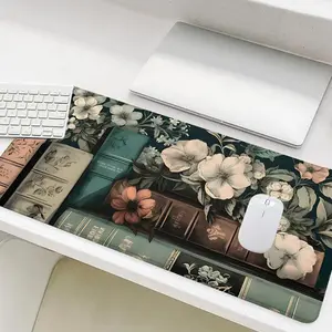 Floral & Book Pattern Mouse Pad, Rectangle Gaming Mouse Pad, Non-Slip Mousepad, Office Desk Keyboard Mouse Mat for Home Office Game Room Computer Desk, Office Desk Accessories