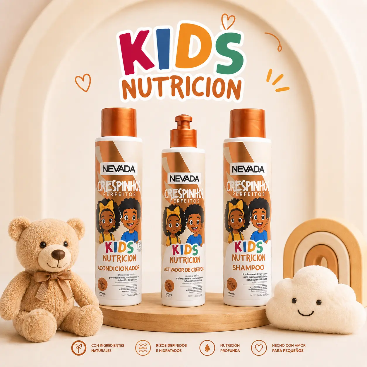 Nevada Crespinhos Kids Curly Hair Care Set - Shampoo Cleanser, Conditioner, Curl Activator, Leave-In Treatment with D-Panthenol, Collagen, Vegan for 2C,3A,3B,4C Curly G,curly hair routineirl Anti-Frizz Detangler Moisturizer, Haircare