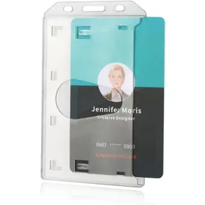 10 Pack Hard Plastic Badge Holder-Vertical Heavy Duty ID Card Holder-Rigid Case Single I'd Protector with Easy Access Thumb Slot & Chain Holes for Lanyards, Clips & Reels-Frosted Clear