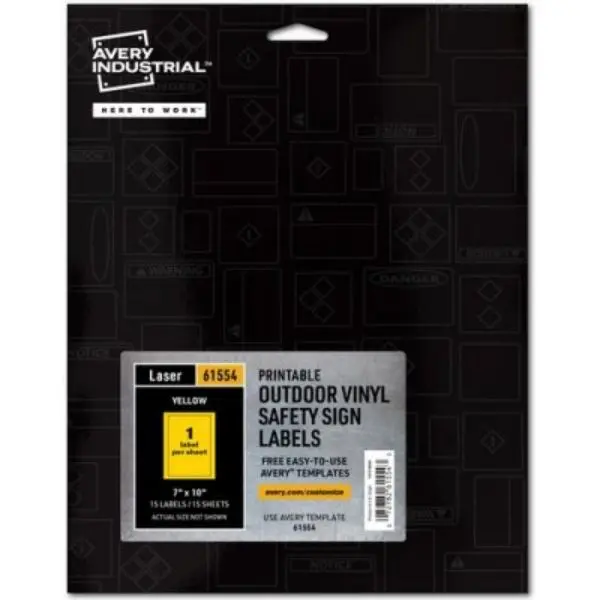 Avery AVE61554 7"x10" Heavy-Duty Waterproof Fadeproof Self-Adhesive Laser Printer Vinyl Signs, Yellow Stick-and-Go Labels, Permanent Office Stationery for Medical Facilities, Construction Safety Signage