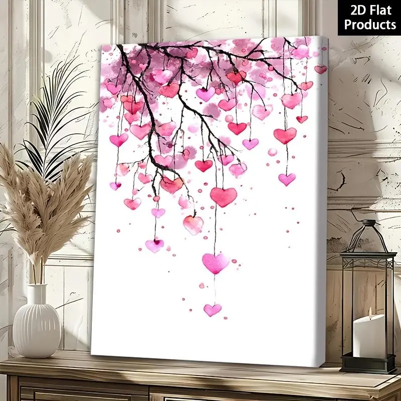 2D Flat Framed Canvas Painting Poster |   Pink Heart Branch Eternal Falling 1, Perfect for Wall Decor Art, Room Decoration, Living Room Decor, Winter Spring Home Decor, Bathroom Decor, Valentine'S Day Decorations and Gifts, Universal Holidays	