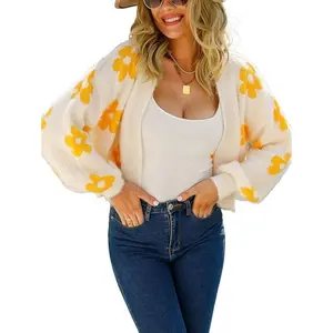 Women's Fuzzy Daisy Printed Cropped Cardigan Open Front Jacquard Knit Sweater Tops