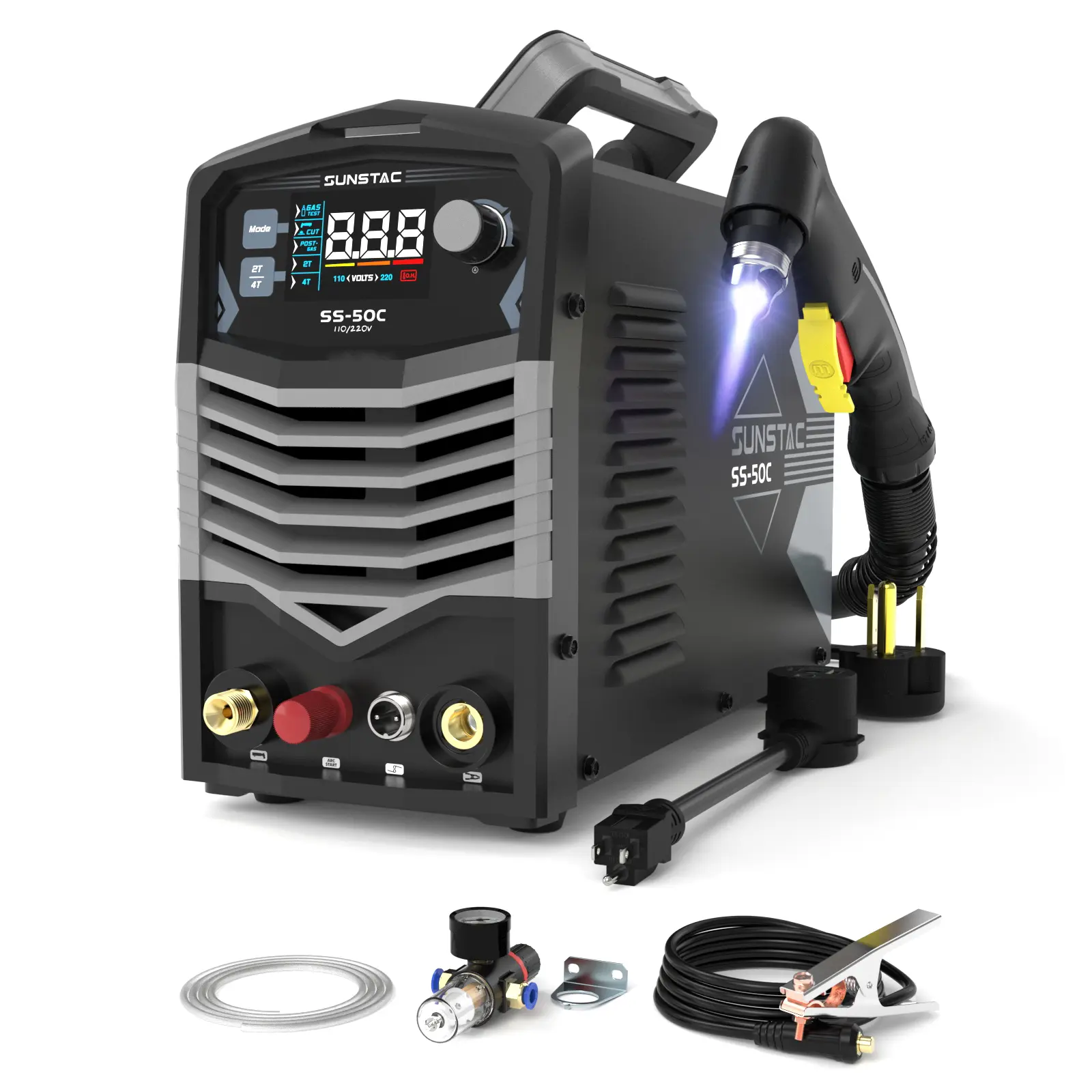 Sunstac SS-50C Blowback Pilot Arc Plasma Cutter - 50A 110/220V Dual Voltage, 4/5" Max Cut, LCD Display, Non-HF & Non-Touch IGBT Cutting Machine