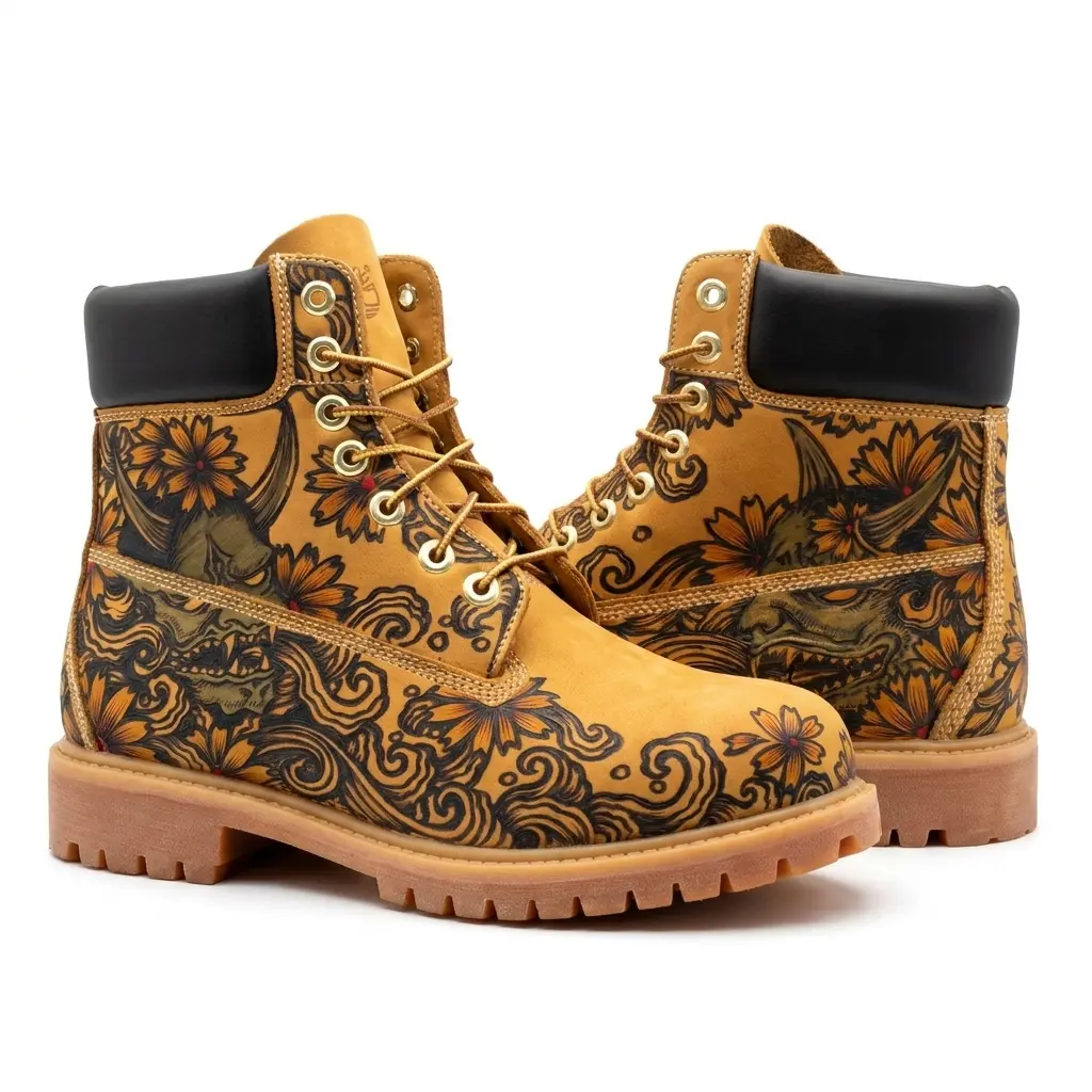 Men’s work boots, hand-crafted pyrography process, colorfast, custom pattern design available. Suitable for outdoor hiking, durable and wear-resistant. Street fashion style, motorcycle boots, men’s high-top boots men pro