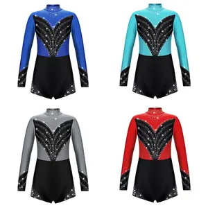 Kids Girls Long Sleeve Romper Shiny Rhinestones Gymnastic Dance Unitard