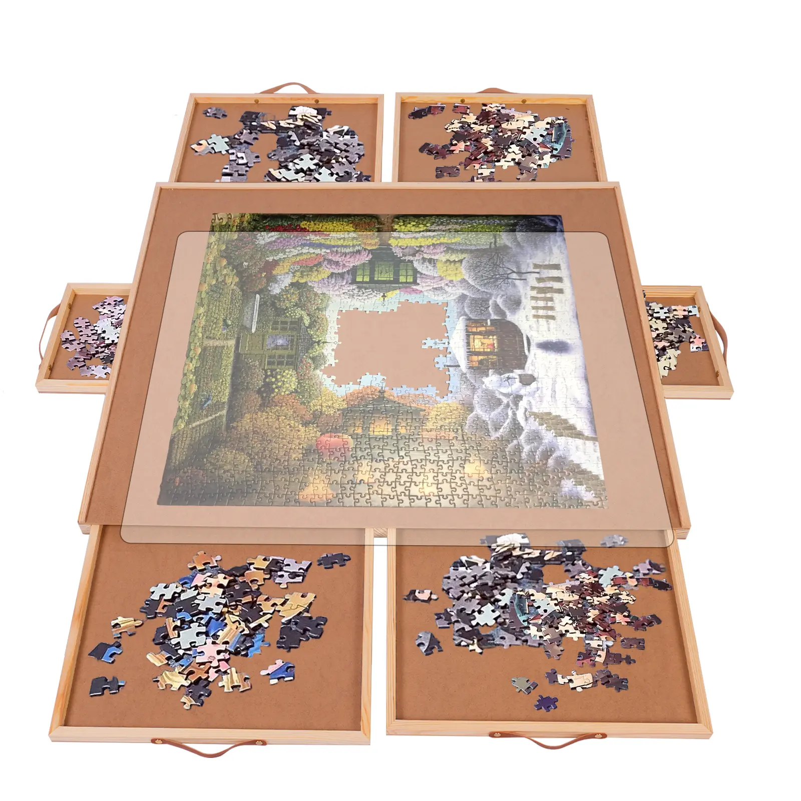 FWTI DEAL 1500 Pieces Rotating Puzzle Board with 6 Drawers & Cover, 27"x35" Portable Wooden Jigsaw Puzzle Table for Adults, Lazy Susan Spinning Puzzle Board w/h 2 Large, 4 Small Drawers for Gift