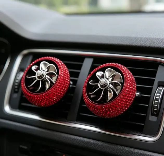 2PCS Luxury Bling Red Rhinestone Clip-On Fan Air Vent Freshener - Tool-Free Rotating Fragrance Diffuse Perfume Clip, Long-Lasting Stylish Auto Interior Decor for Ladies, Universal Fit for Most Cars