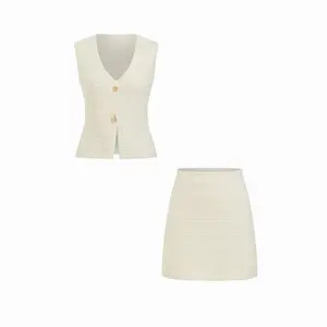 Cider Textured V-Neck Button Front Vest & Mid Rise A-line Mini Skirt Set