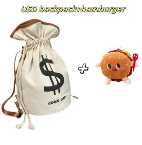 Dollar logo backpack, fun canvas bucket backpack, drawstring bucket crossbody bag, art backpack, backpack with coin bag, chips burger pendant, light casual backpack for travel and sports, backpack suitable for various occasions