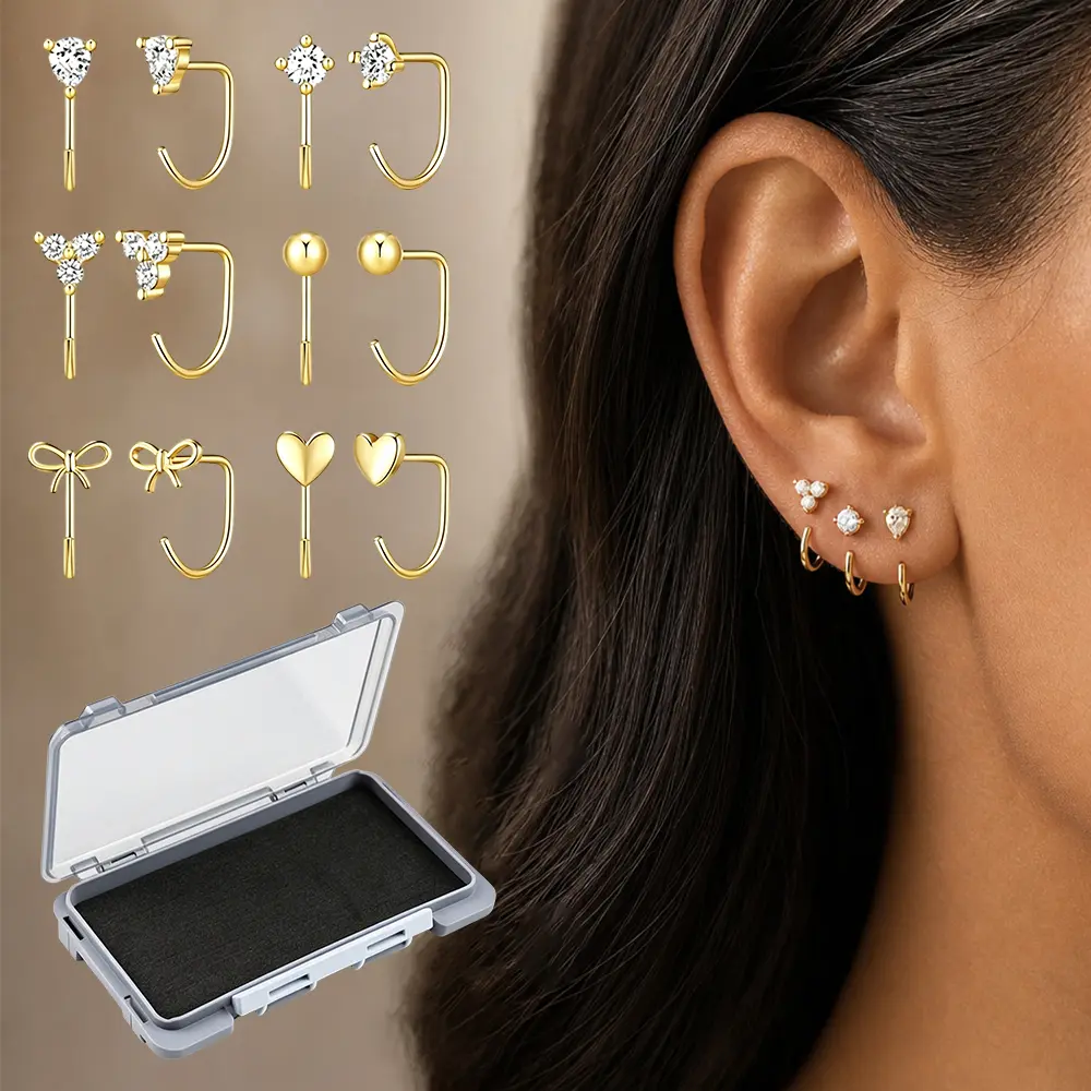 12pcs Dainty C Shape Twist Stud Earrings Pack, Crystal Heart Bow Cartilage Earrings, Multi Style Minimalist Piercing Jewelry for Helix Tragus Daily Wear