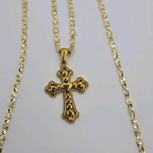 Cross with Hearts gold-plated necklace regular style  gold color no fade no tarnish just don't take long showers with them gold over stainless