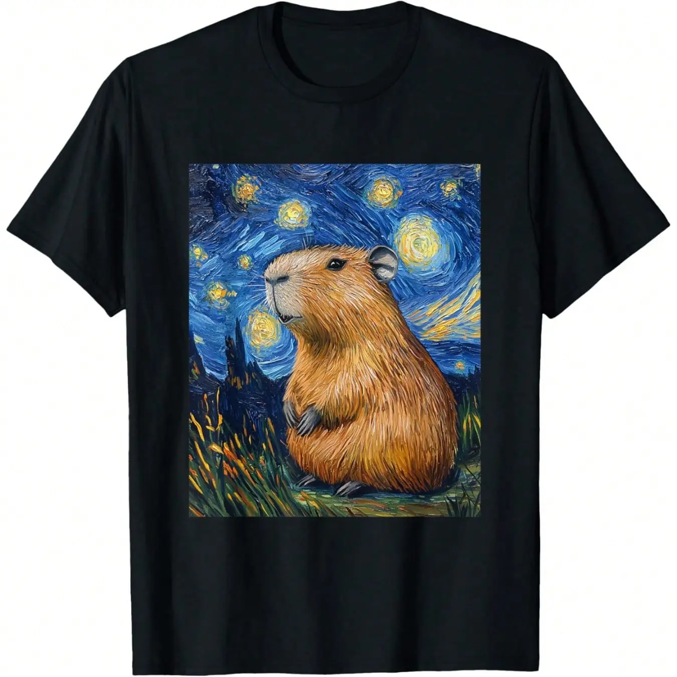 Women's Fitted Capybara Graphic T-Shirt - Van Gogh Inspired Starry Night Print, Casual Short-Sleeve Streetwear Capybara Graphic Women's T-Shirts