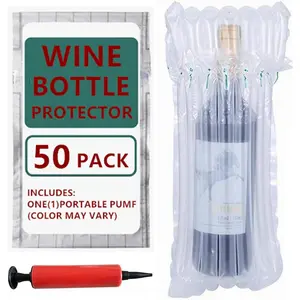 Wine Bottle Protector Bag for Travel, 50 Packs Inflatable Packaging Bubble Wrap for Wine Fruit Glass Bottle, Inflatable Air Column Cushion Bags with Free Pump for Airplane Cushioning