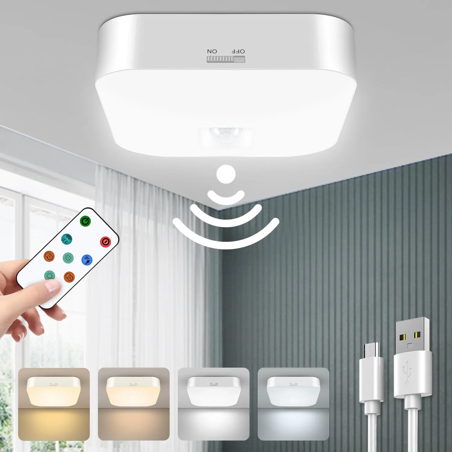 [Summer Finds]Motion Sensor Rechargeable Ceiling Light Indoor/outdoor with Remote, Wireless Battery Operated Rechargeable Sensor Light for Closet, Garage, Hallway, 3000K-6000K Battery Powered Shower Lights Nightlight For Bedroom ,Father's day gift