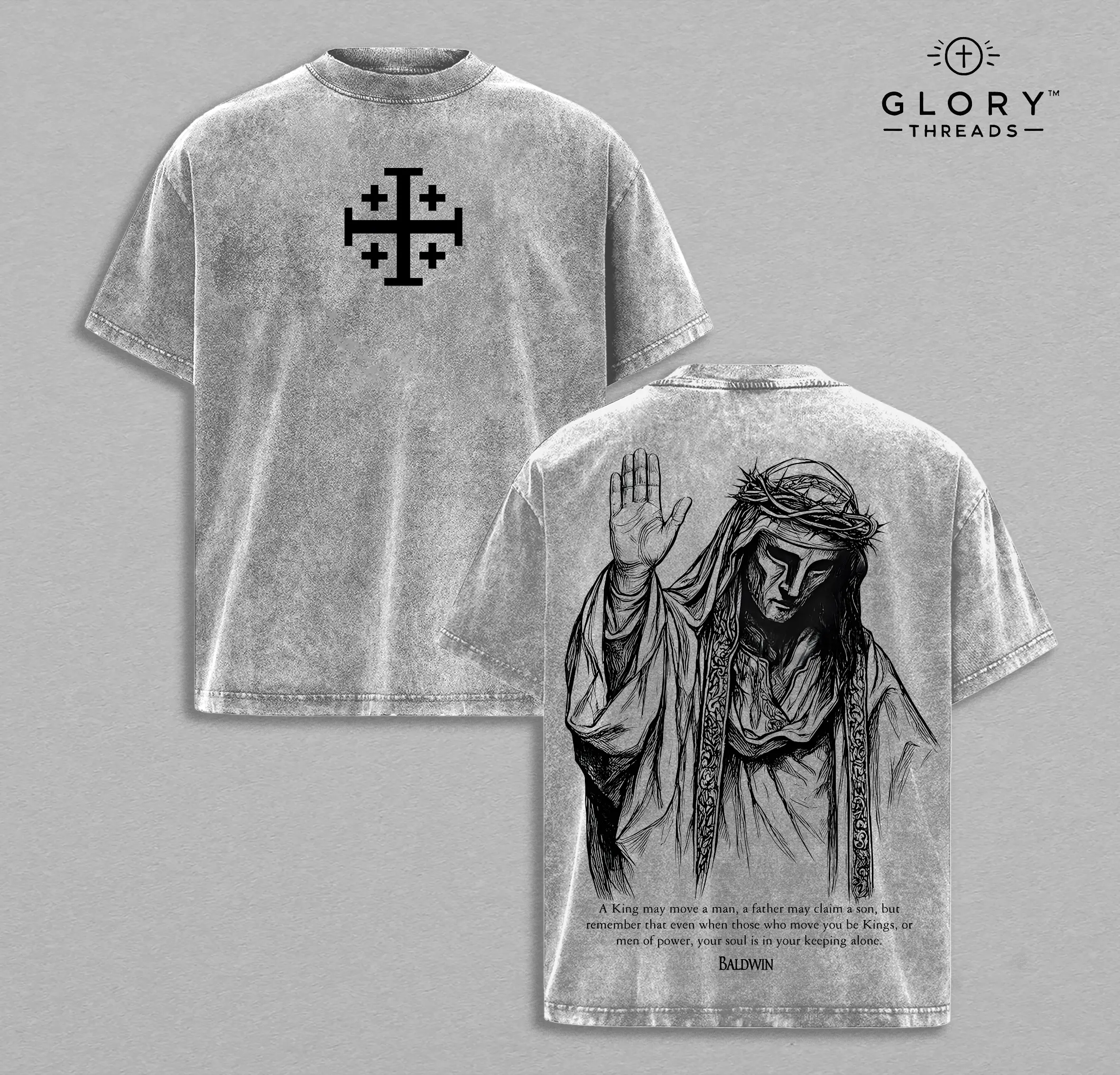 Baldwin IV "The Leper King" T-Shirt Washed, Crusader King of Jerusalem Tee, Jerusalem Cross Medieval Christian Shirt, Vintage Washed Gothic Faith Streetwear - Jesus Apparel - Christian Outfit Breathable