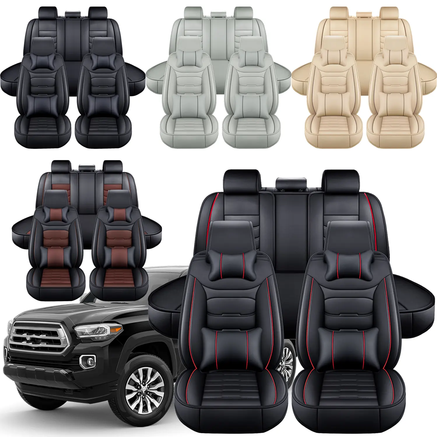 Fit For 2004-2022 Toyota Tacoma/RAV4/Avalon/Camry/Corolla/4 Runner Waterproof Leather Car Seat Cover Full SetAirbag Compatible Car Cushions(5-Seat Full Set/Black-Red)