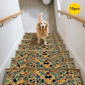 15pc Moroccan Style Non-Slip Stair Mats, Durable Home Carpet, Vintage Geometric Pattern Decorative Pads, Multi-Color Patchwork Stair Protection Mat