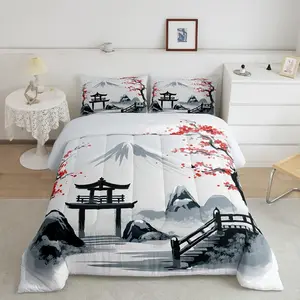 Japanese Style Bedding Set,Cherry Blossoms Comforter Set,Mount Fuji Quilt Set,Branches Sakura Flowers Down Comforter