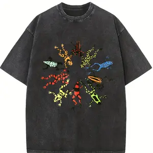 180g[100%cotton]Washed, Dancing Frog Feast Print T-shirt, High-quality Batik Vintage Fashion Brand T-shirt, Unisex T-shirt, Popular Daily Wear T-shirt, Holiday Gift, Perfect Present