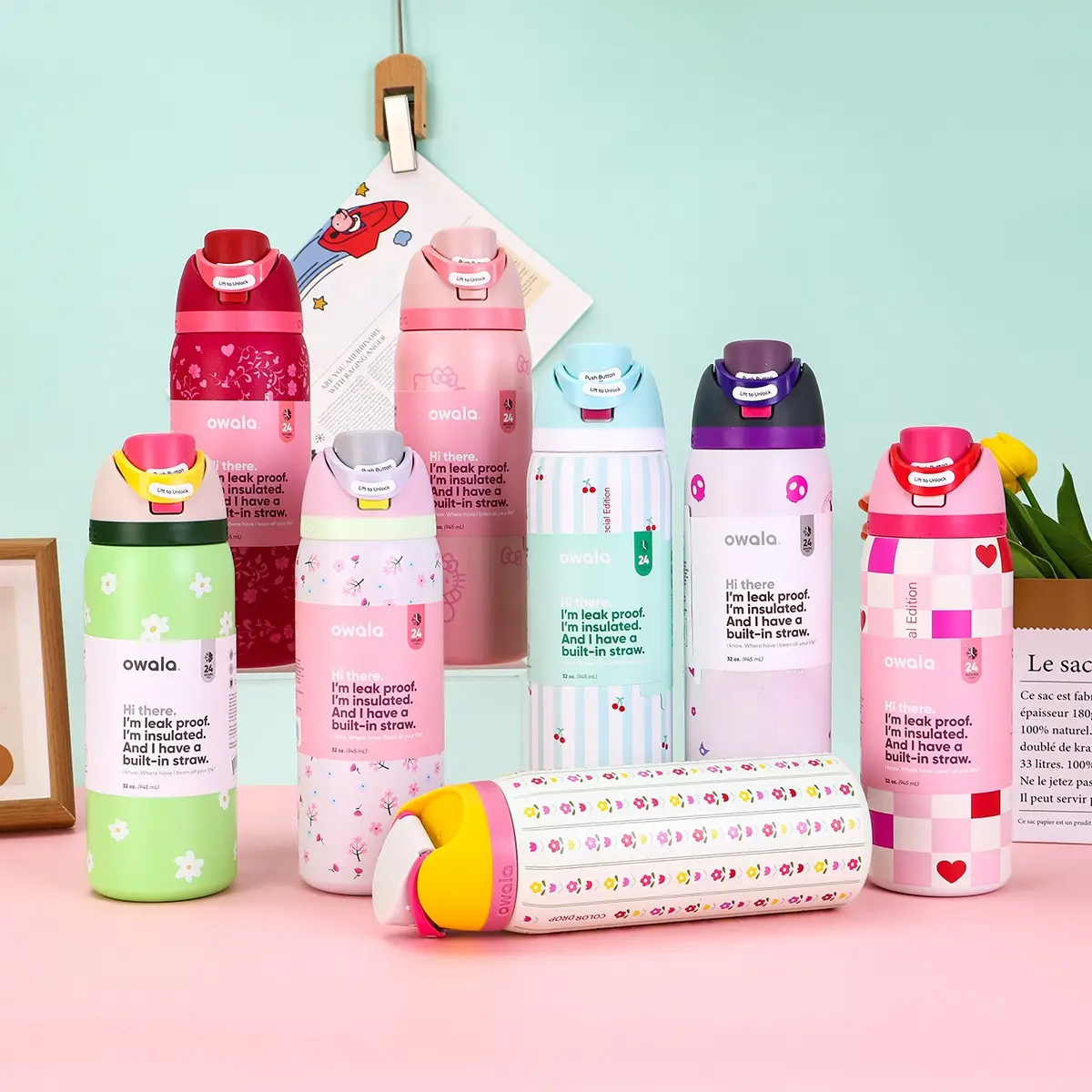 Limited Edition Owala Insulated Stainless Steel Water Bottle 24 32 OZ Leakproof Lid for Gym,Sports,Travel,Blue Pink Bow Girlhood,Dear Diary,Luck ,Vale