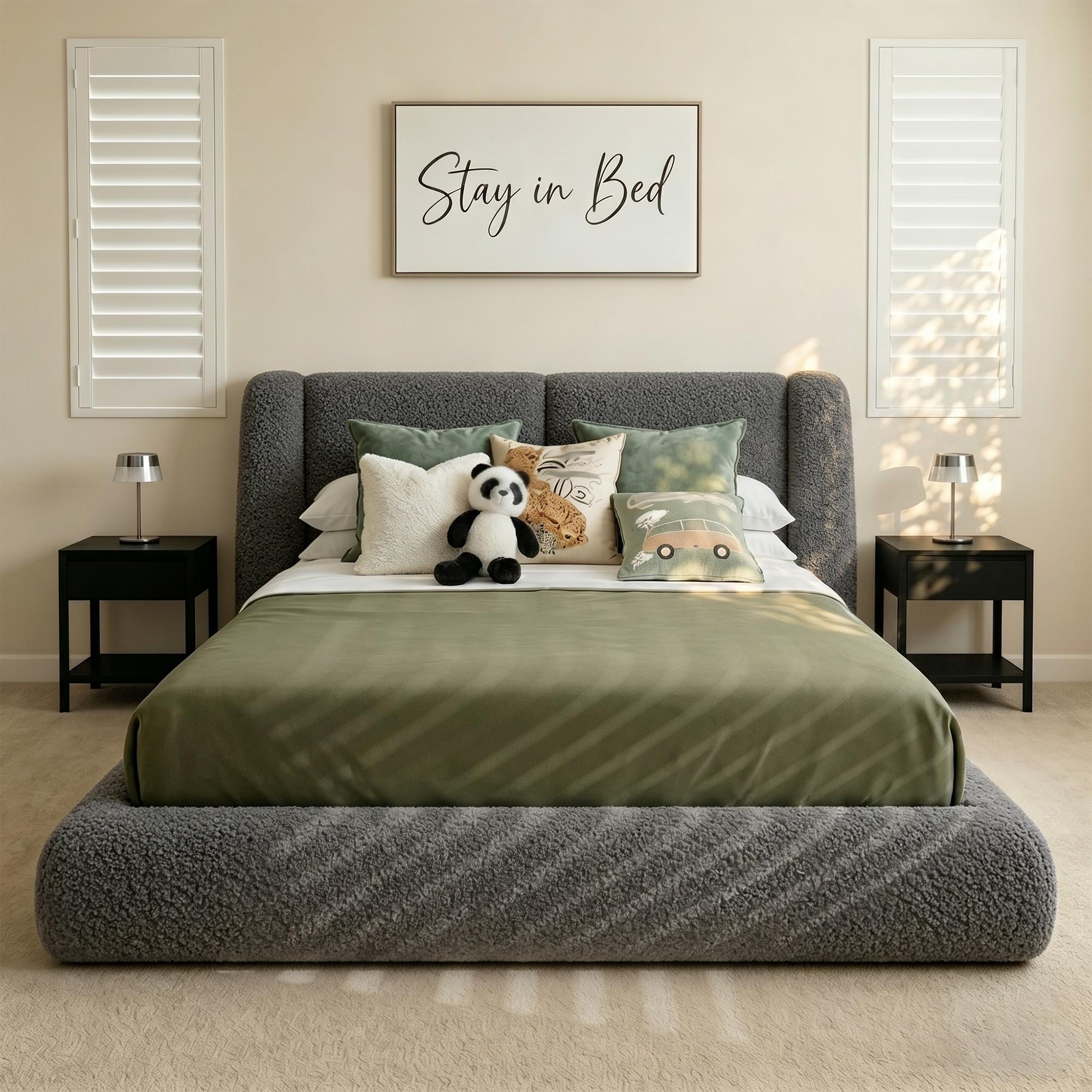 [15 Mins Assembly] Raybee Cloud Bed Frame with 5" Thick Ergonomic Wingback Headboard Soft Boucle Upholstered Low Profile Platform Bed, Bump-Resistant Rounded Corners, Anti-Slip Noise-Free, 880LBS Capacity for Bedroom, Dorms, Apartment, Beige, Black, Gray