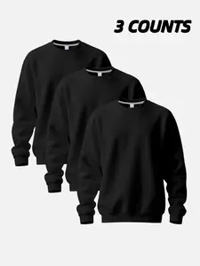 Men's 3-Piece Plain Round Neck Sweatshirt Set, Soft Warm Fleece Pullover for Casual Daily Wear, Layering Essential for Fall & Winter