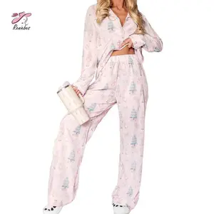 Women’s Christmas pajamas lounge set with Santa and Christmas tree print, long-sleeve top and pants, 2-piece loungewear outfit