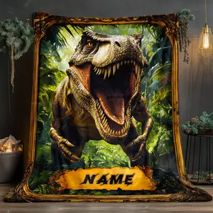 Custom Name Ferocious Jurassic Dinosaur Blanket - Lightweight Flannel Bedding, Suitable for Sofa, Bed, Travel and Camping - Soft and Warm Digital Printed Fabric - 31.5x 47.24inch ,51.18x 59.06inch ,59.06x 78.74inch - All-Season Use, Multi-Functional Beddi